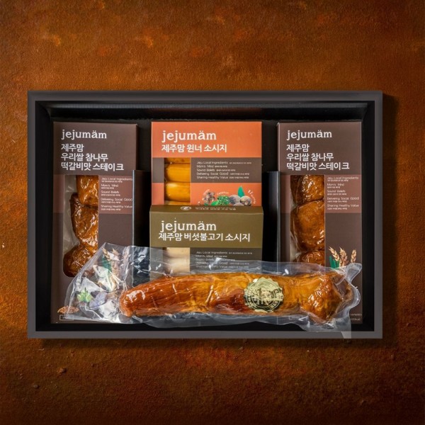 [제주맘]수제 햄 선물세트 제주맘 행복세트 떡갈비맛 스테이크 240g 2개, 필렛햄(안심)300g 1개, 흑돼지소시지 240g 2개